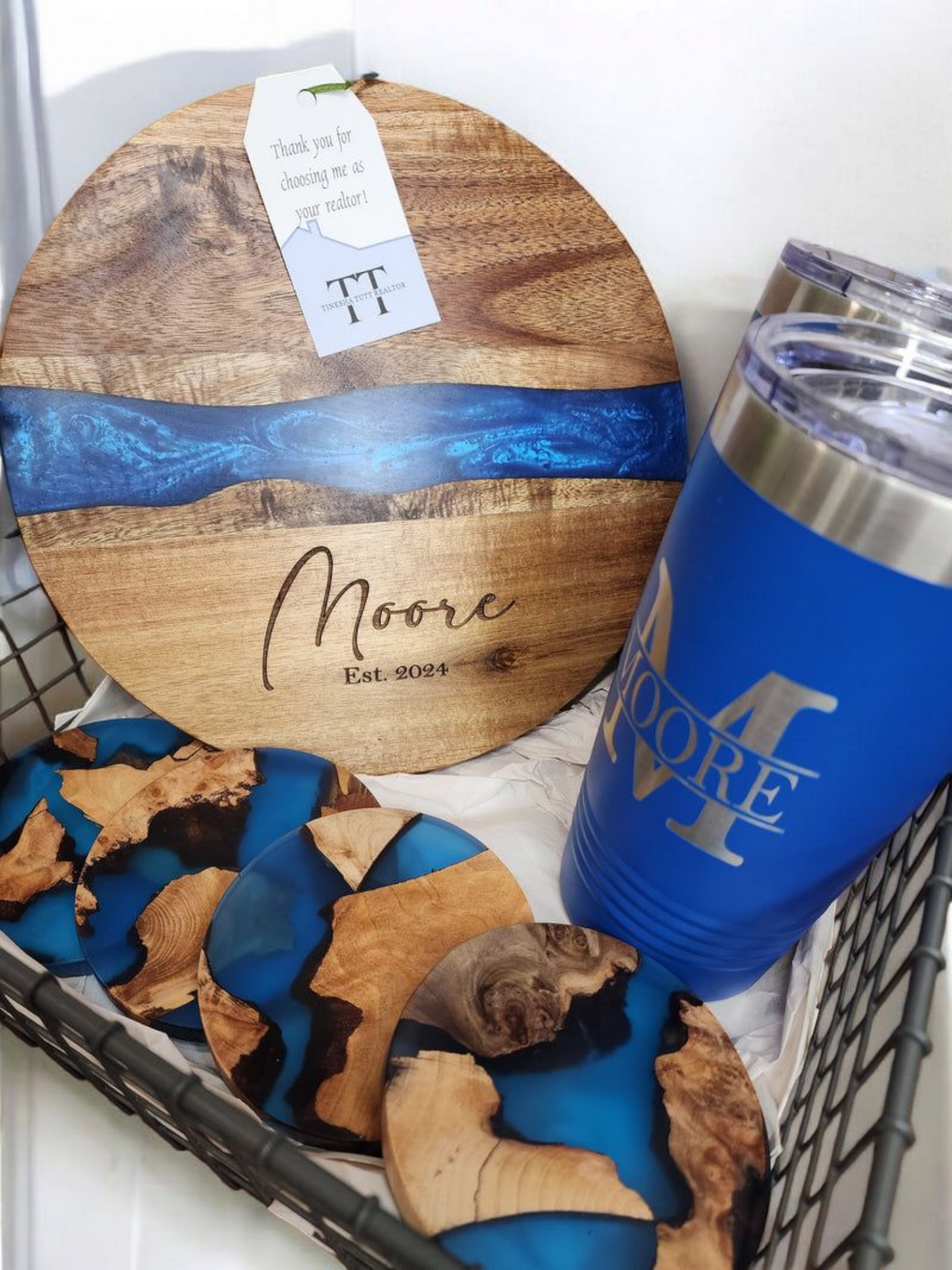 Custom Closing Gift Set- Acacia Wood Blue River Resin Set